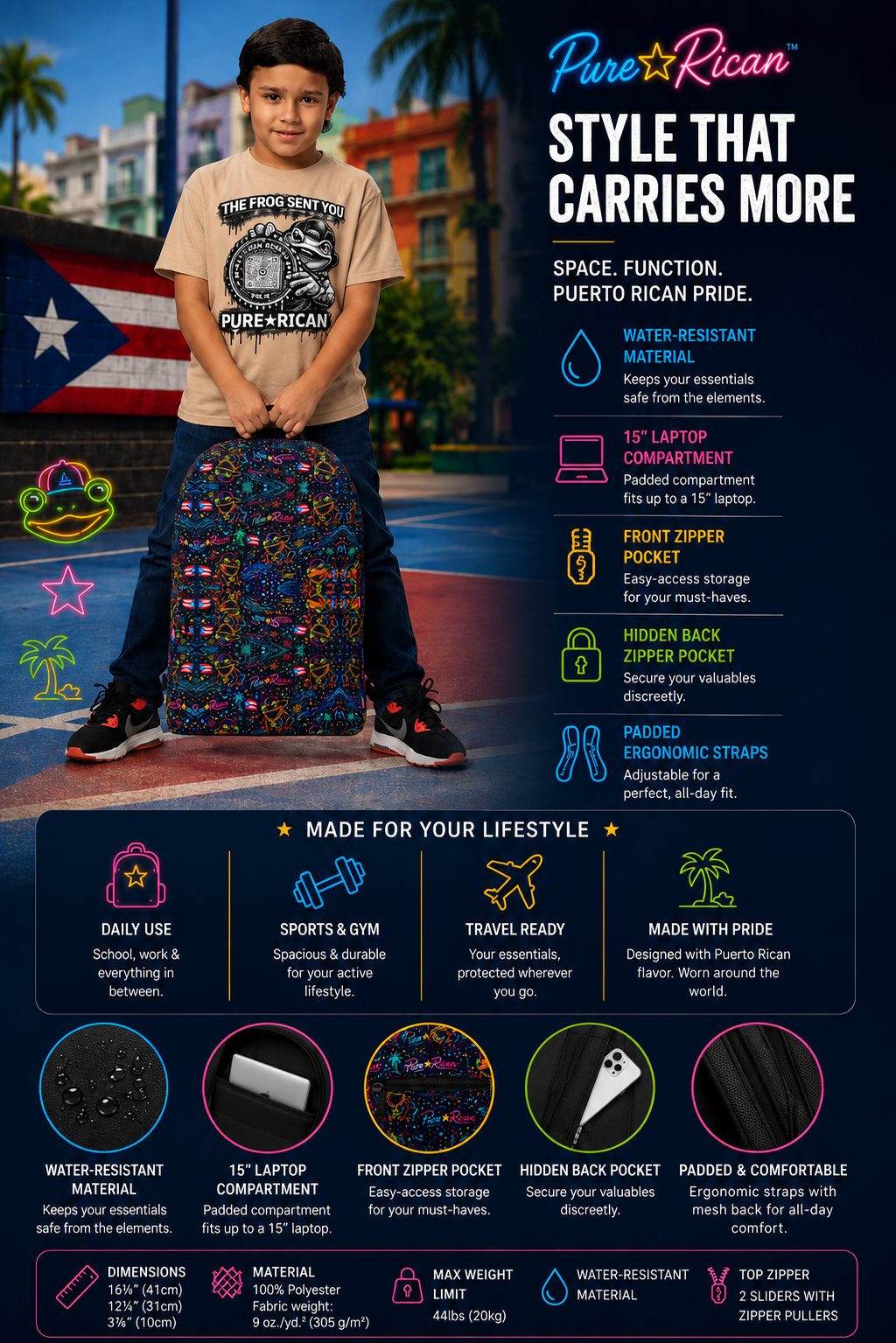Child wearing a colorful backpack with promotional text about Puerto Rican pride and product features.
