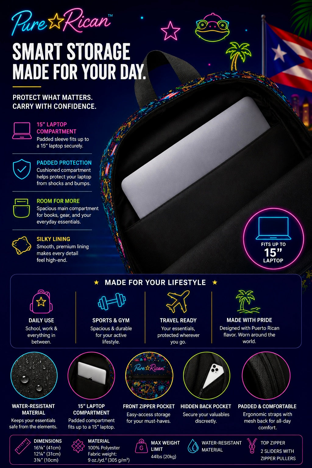 Backpack with laptop compartment on a dark background with colorful graphics and text.