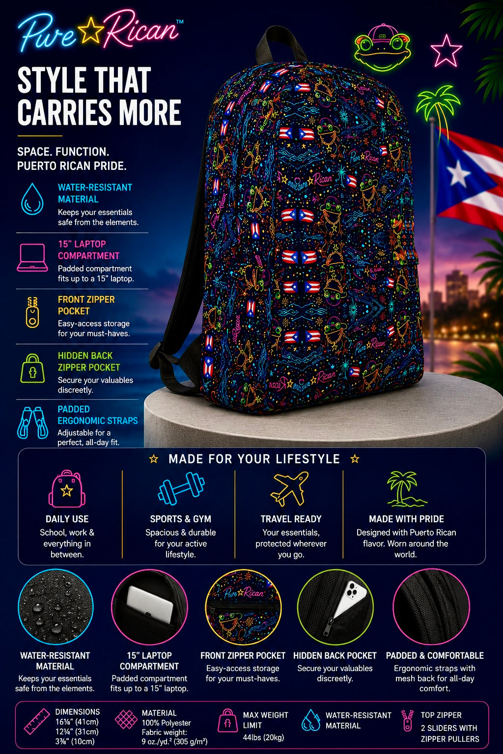 Backpack with Puerto Rican flag design on a dark blue background with text and graphics.