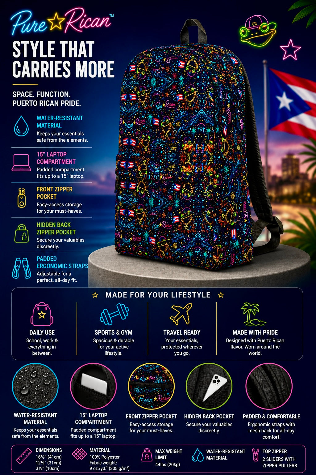Colorful backpack with Puerto Rican design and features on a blue background