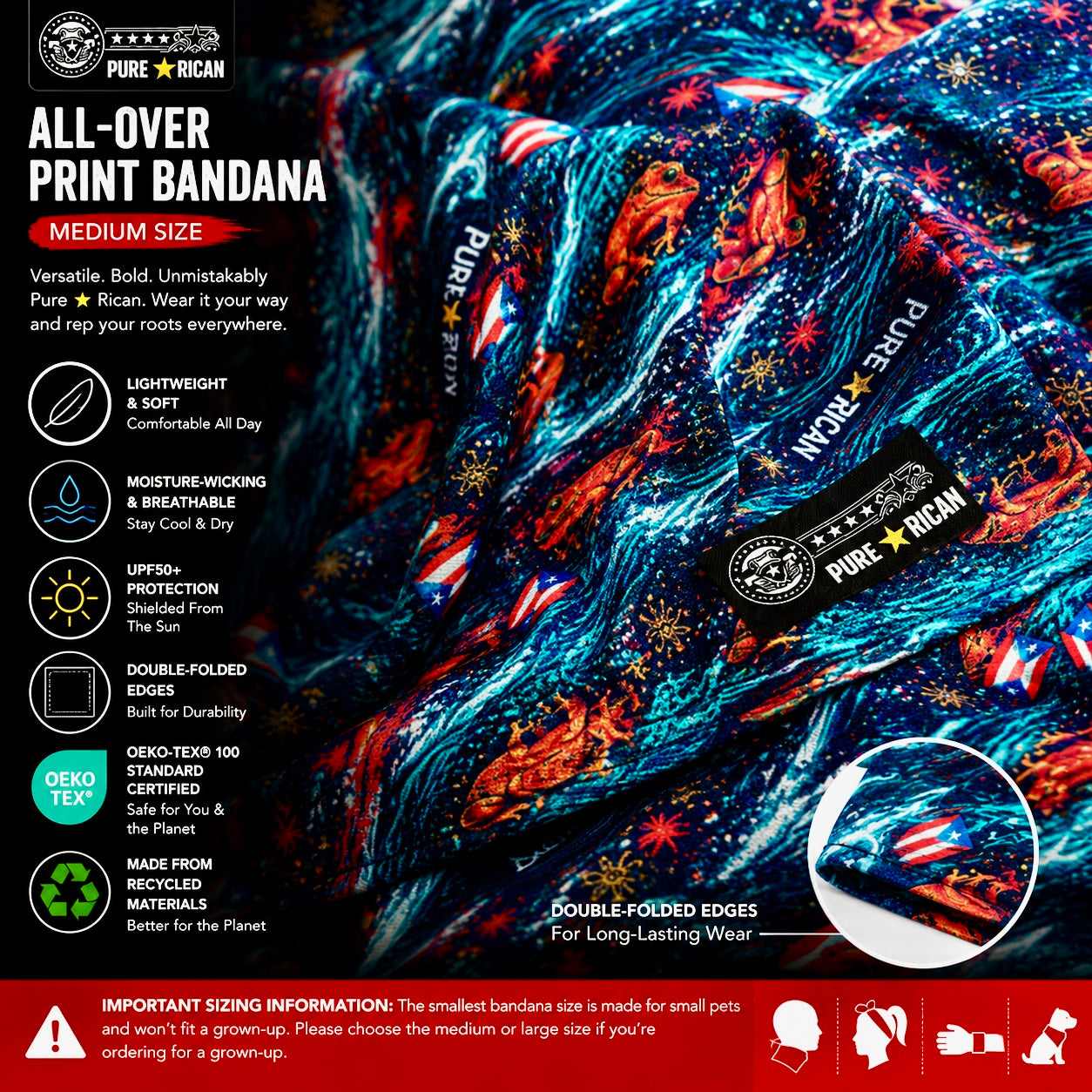 Close-up view of the Pure⭐️Rican Sapo Wave bandana showing soft fabric texture, double-folded edges, logo patch, and detailed print.