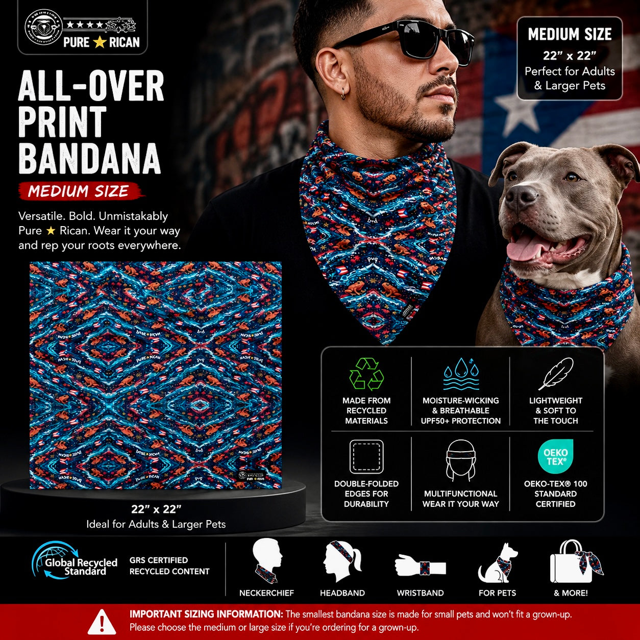 Medium size Pure⭐️Rican Sapo Wave bandana featuring vibrant Puerto Rican inspired artwork and multifunction styling for adults.