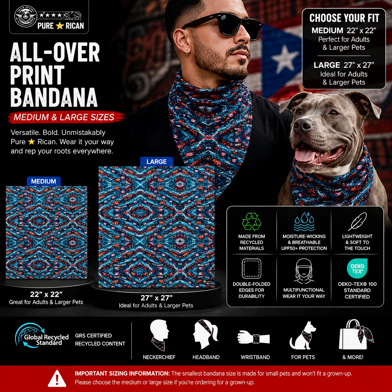 Pure⭐️Rican Sapo Wave bandana shown in medium and large sizes for adults and larger pets with bold Puerto Rican inspired pattern.