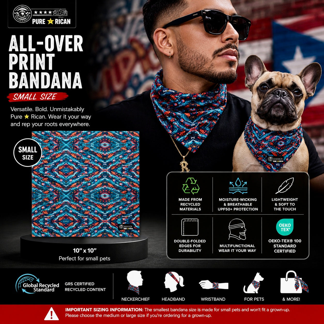 Small Pure⭐️Rican Sapo Wave all-over print bandana designed for small pets featuring Puerto Rican flags and Sapo Concho artwork.