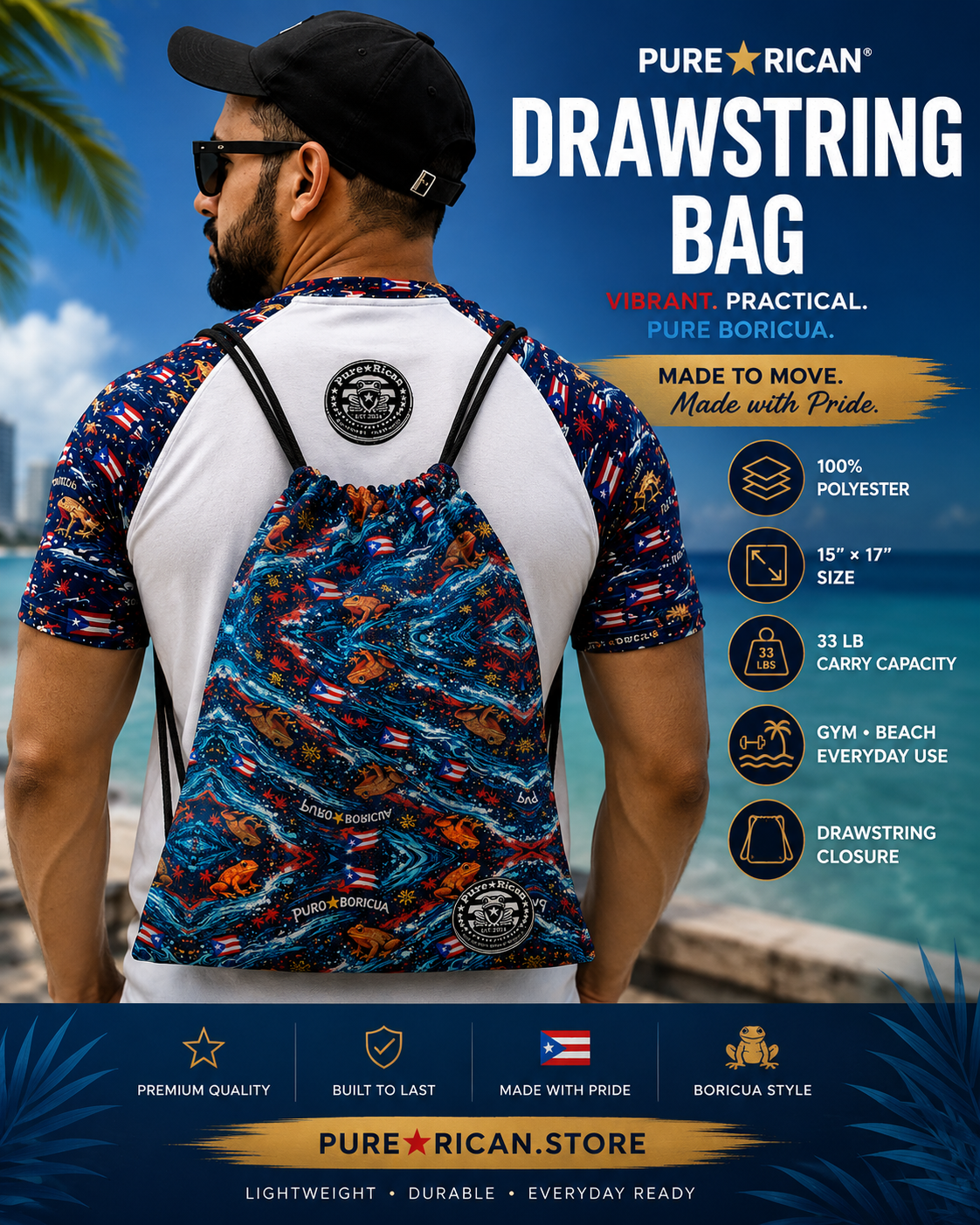 Premium lifestyle image of a male model wearing the Pure⭐️Rican Sapo Wave Drawstring Bag as a backpack, featuring bold Puerto Rican-inspired ocean wave artwork, Sapo Concho frogs, Puerto Rican flag details, and sporty drawstring styling designed for gym, beach, travel, and everyday Boricua fashion in a tropical setting.