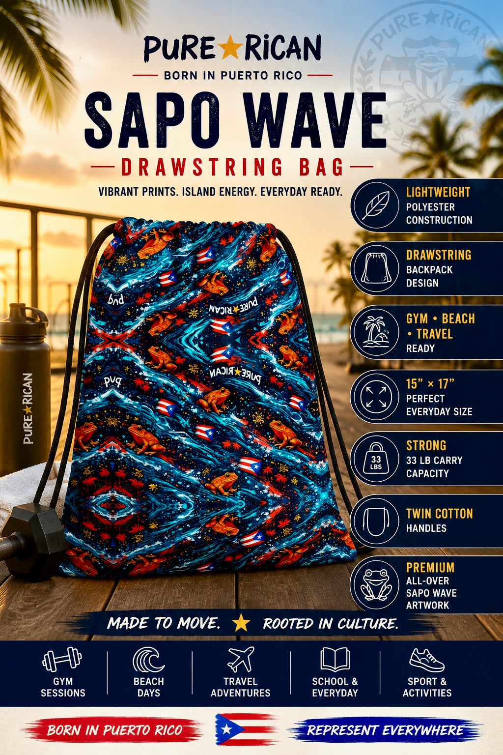 Premium lifestyle image of a model wearing the Pure⭐️Rican Sapo Wave Drawstring Bag on a tropical Puerto Rican-inspired beach, showcasing vibrant Sapo Wave artwork with Puerto Rican flags, island-inspired textures, and premium feature callouts for gym, beach, travel, and everyday use.