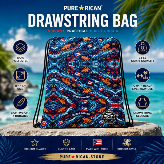 Premium lifestyle promotional image of the Pure⭐️Rican Sapo Wave Drawstring Bag front view, featuring Puerto Rican-inspired ocean wave artwork with Sapo Concho frogs, Puerto Rican flags, tropical details, and premium feature callouts including lightweight polyester construction, 15″ × 17″ sizing, 33 lb carrying capacity, gym and beach versatility, and drawstring closure in a tropical island setting.