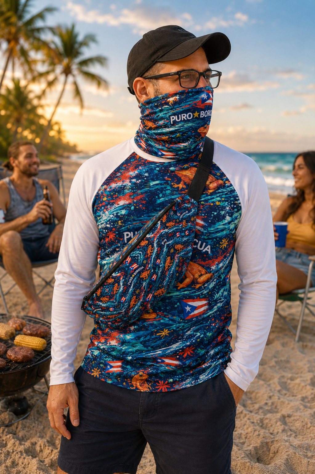 Pure⭐️Rican Sapo Wave Galaxy Fanny Pack worn crossbody during a Puerto Rican beach BBQ gathering featuring tropical colors, Puerto Rican flags, and Sapo Concho artwork.