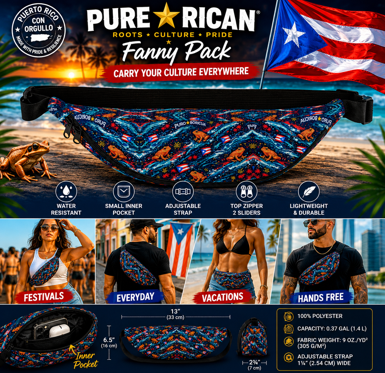 Complete product overview image of the Pure⭐️Rican Sapo Wave Galaxy Fanny Pack featuring Puerto Rican flag accents, signature Sapo Concho frog artwork, water-resistant material, adjustable strap, dual zipper sliders, inner pocket storage, lightweight durable construction, sizing dimensions, and lifestyle examples for festivals, vacations, everyday wear, and hands-free travel.