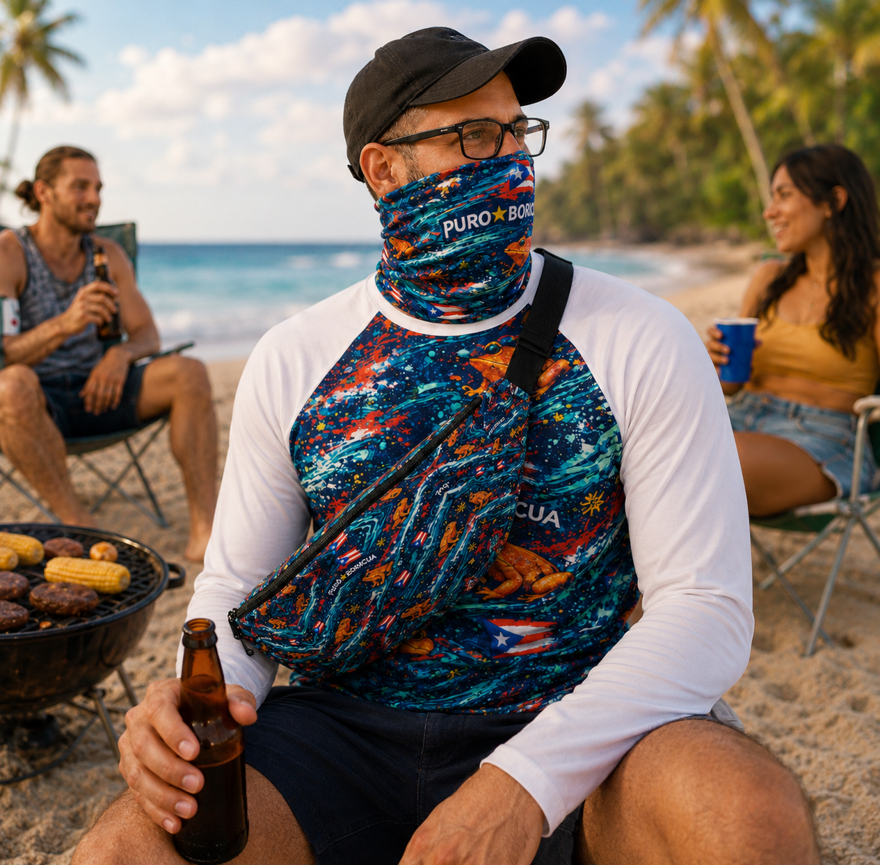 Pure⭐️Rican Sapo Wave Galaxy Fanny Pack worn crossbody while relaxing at a tropical beach, highlighting the vibrant Puerto Rican Sapo Wave design and travel-ready style.