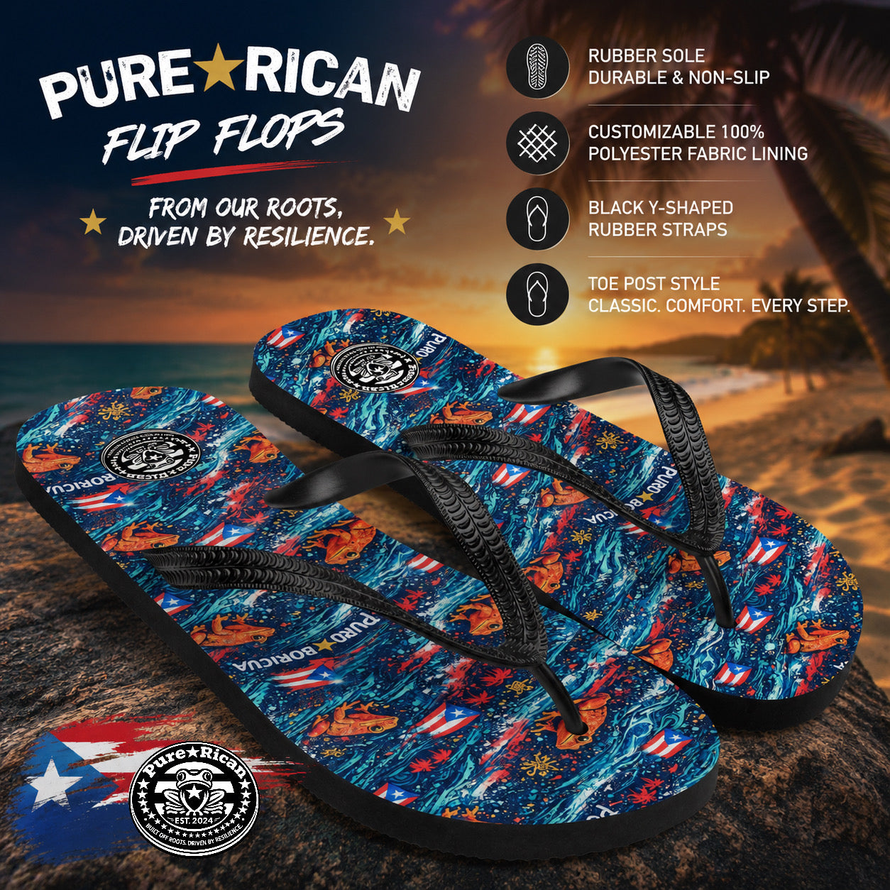 Pure⭐️Rican Sapo Wave Flip Flops angled lifestyle product view with Puerto Rican coquí tropical print, black straps, and beach-inspired chanclas design