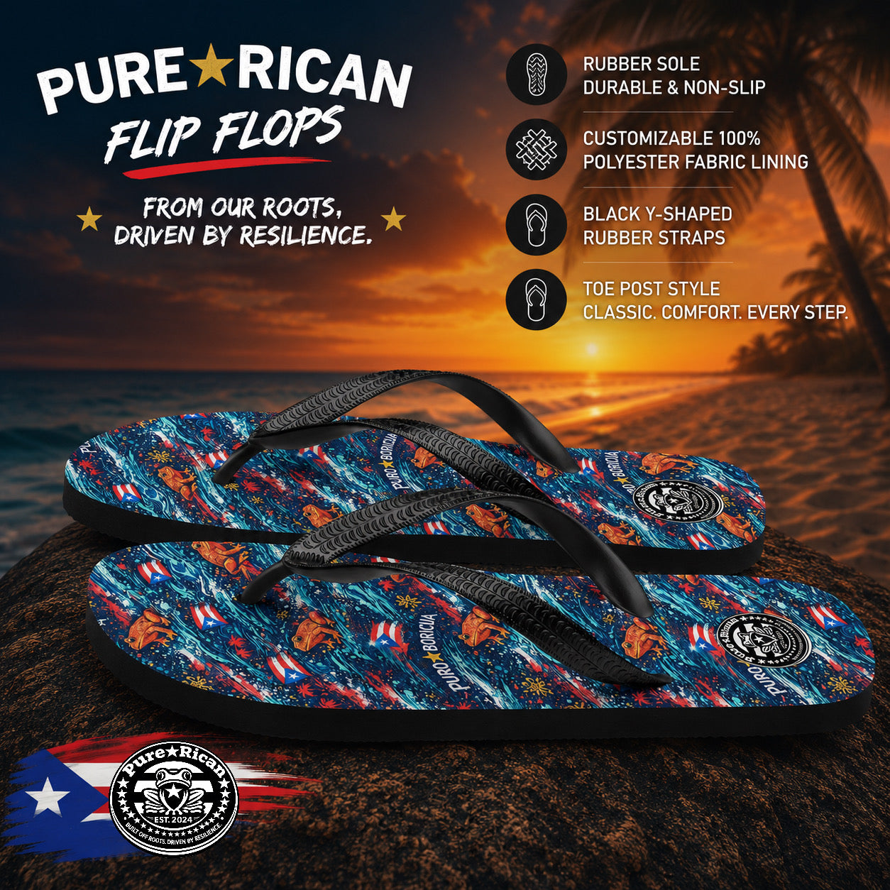 Pure⭐️Rican Sapo Wave Flip Flops Flat Side View – Puerto Rican Tropical Beach Sandals with Coquí Pattern and Black Y-Straps
