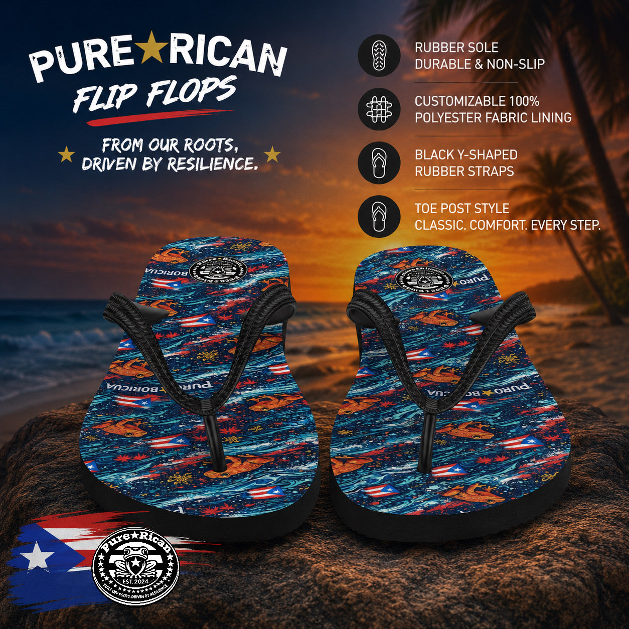 Pure⭐️Rican Sapo Wave Flip Flops front pair product image featuring Puerto Rican coquí tropical pattern and black Y-shaped straps