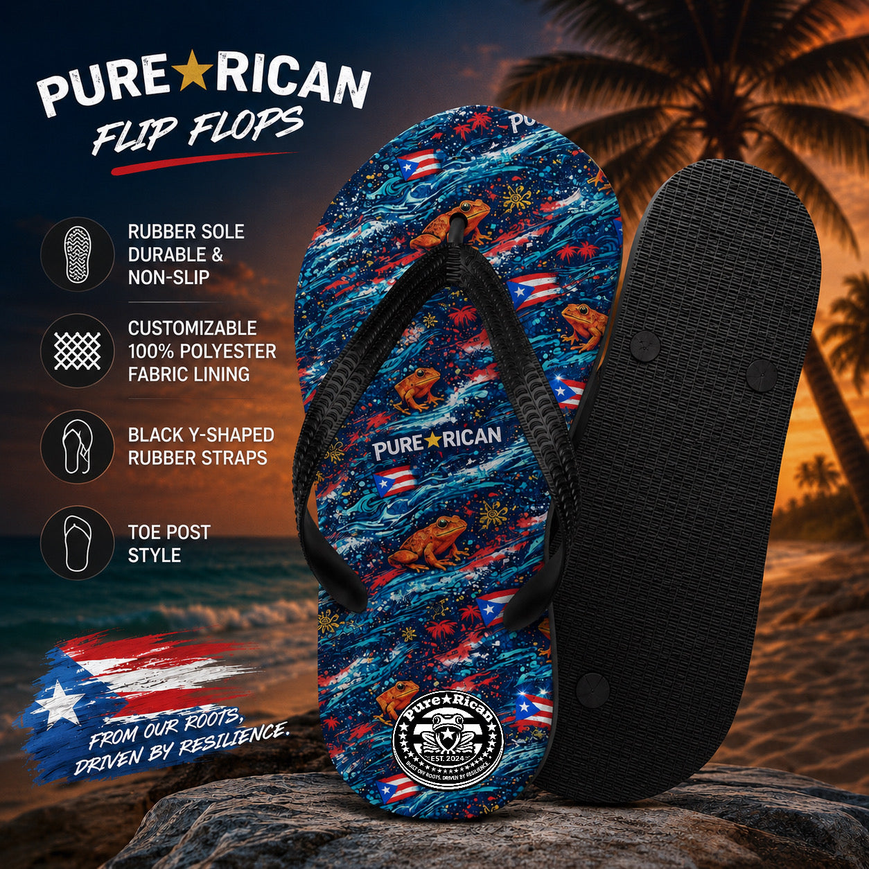 Pure⭐️Rican Sapo Wave Flip Flops front and rubber sole view featuring Puerto Rican coquí tropical pattern, black Y-shaped straps, and durable non-slip sole
