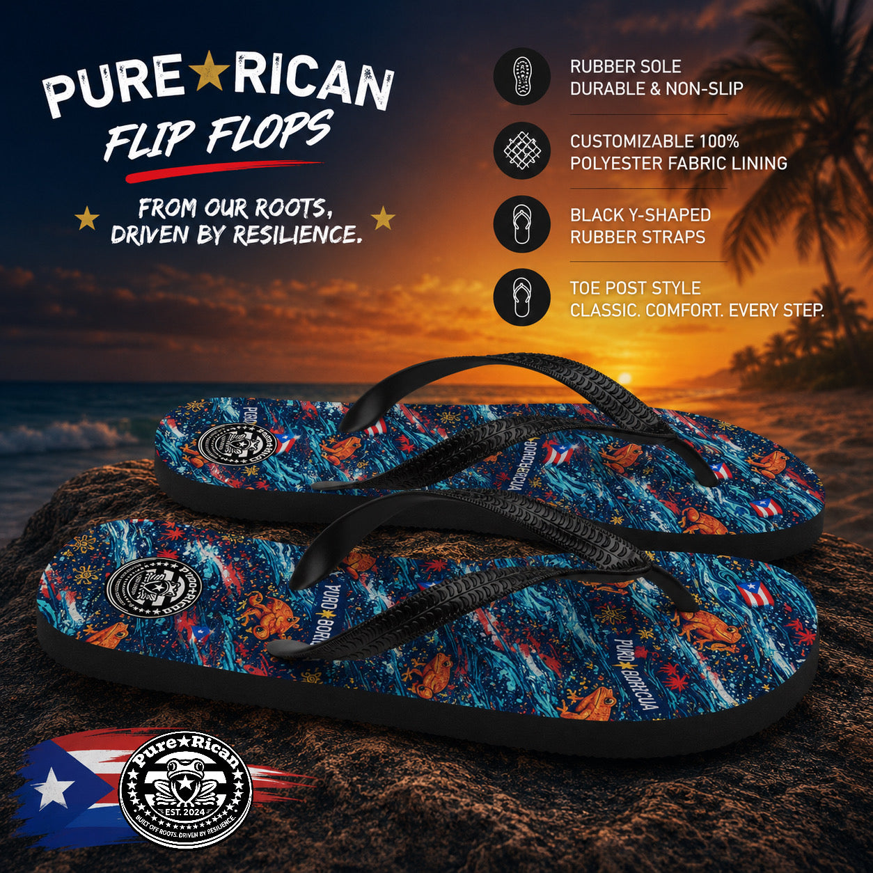 Pure⭐️Rican Sapo Wave Flip Flops Side Angle View – Puerto Rican Tropical Beach Sandals with Coquí Pattern and Black Y-Straps