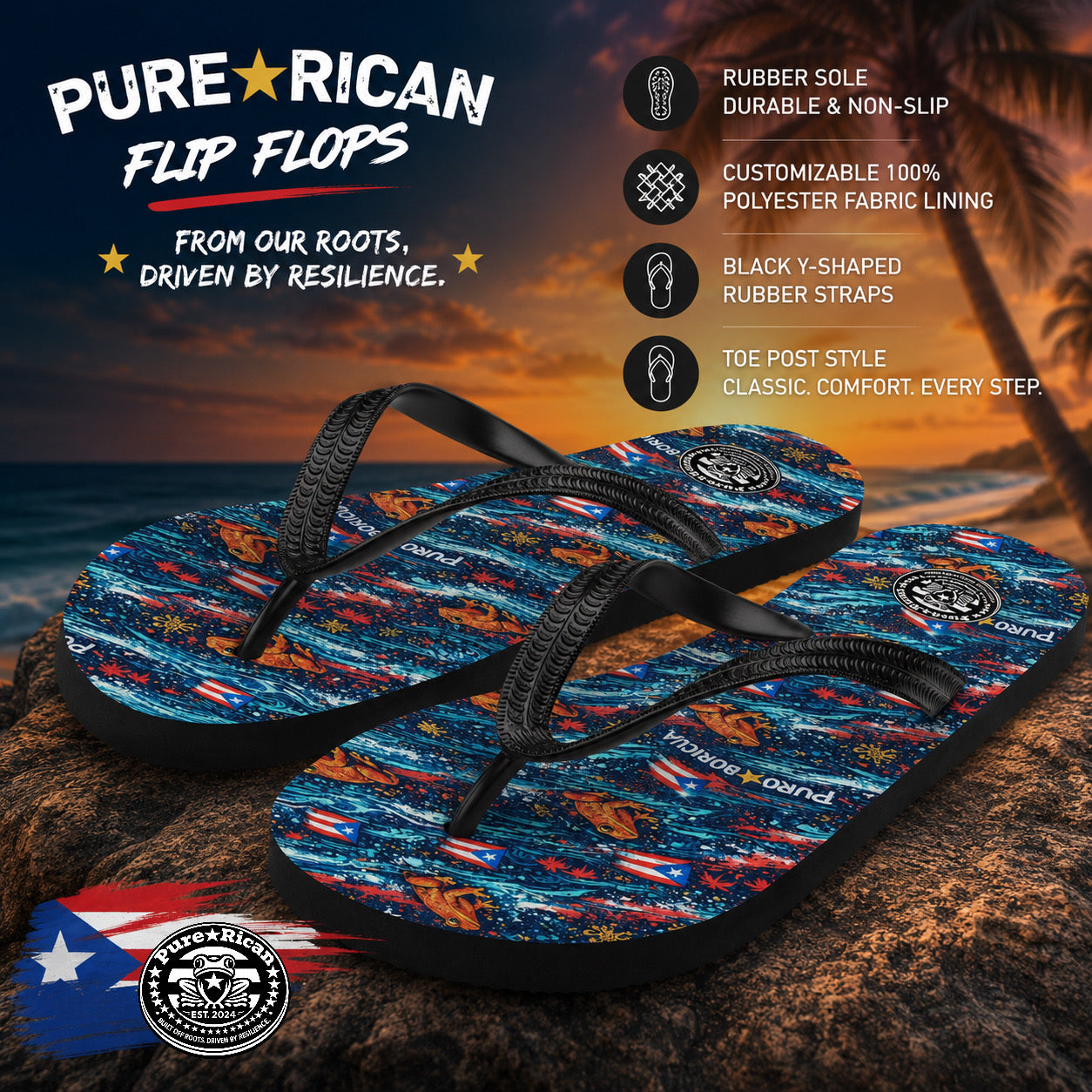Pure⭐️Rican Sapo Wave Flip Flops side angled view showing tropical Puerto Rican coquí pattern and black rubber Y-straps for beach and casual wear