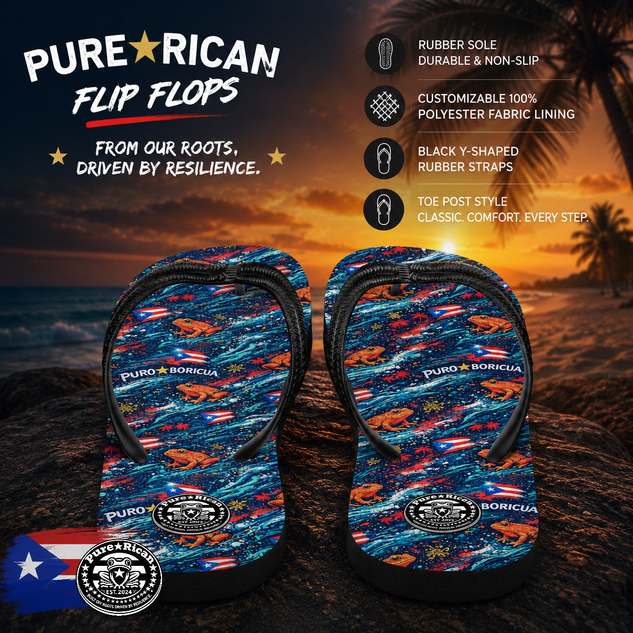 Pure⭐️Rican Sapo Wave Flip Flops Back Side View – Puerto Rican Tropical Chanclas with Coquí Pattern and Black Y-Straps