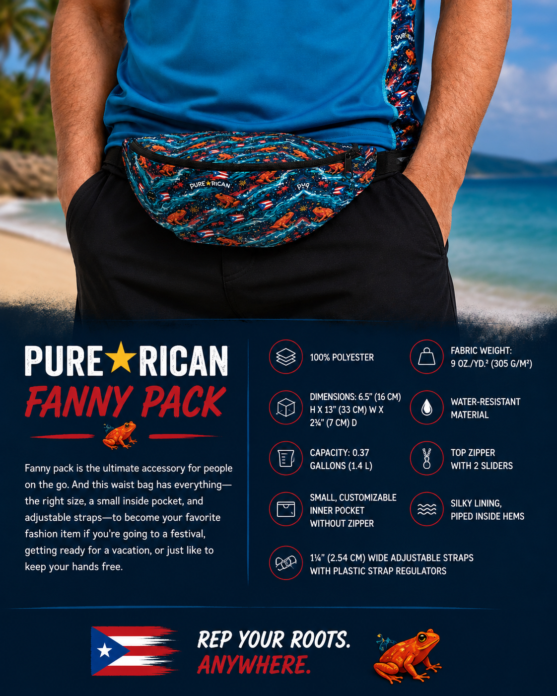 Close-up product-focused image of Pure⭐️Rican Sapo Wave Galaxy Fanny Pack worn at the waist in a tropical beach atmosphere, showcasing detailed Sapo Wave pattern, adjustable fit, and travel-ready style.
