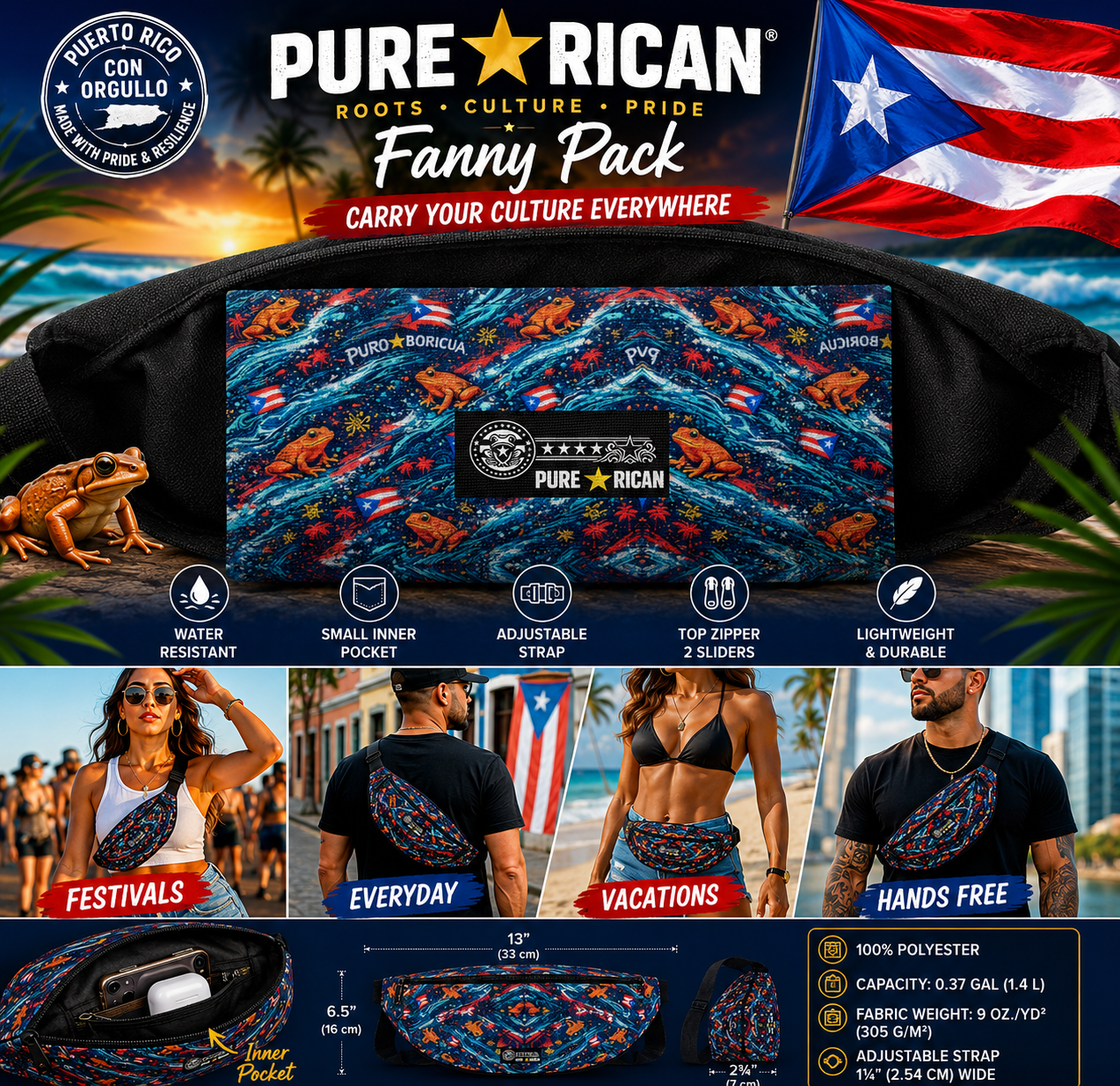Back view of the Pure⭐️Rican Sapo Wave Galaxy Fanny Pack showing interior pocket, premium branding, adjustable strap, and Puerto Rican inspired Sapo Wave pattern.