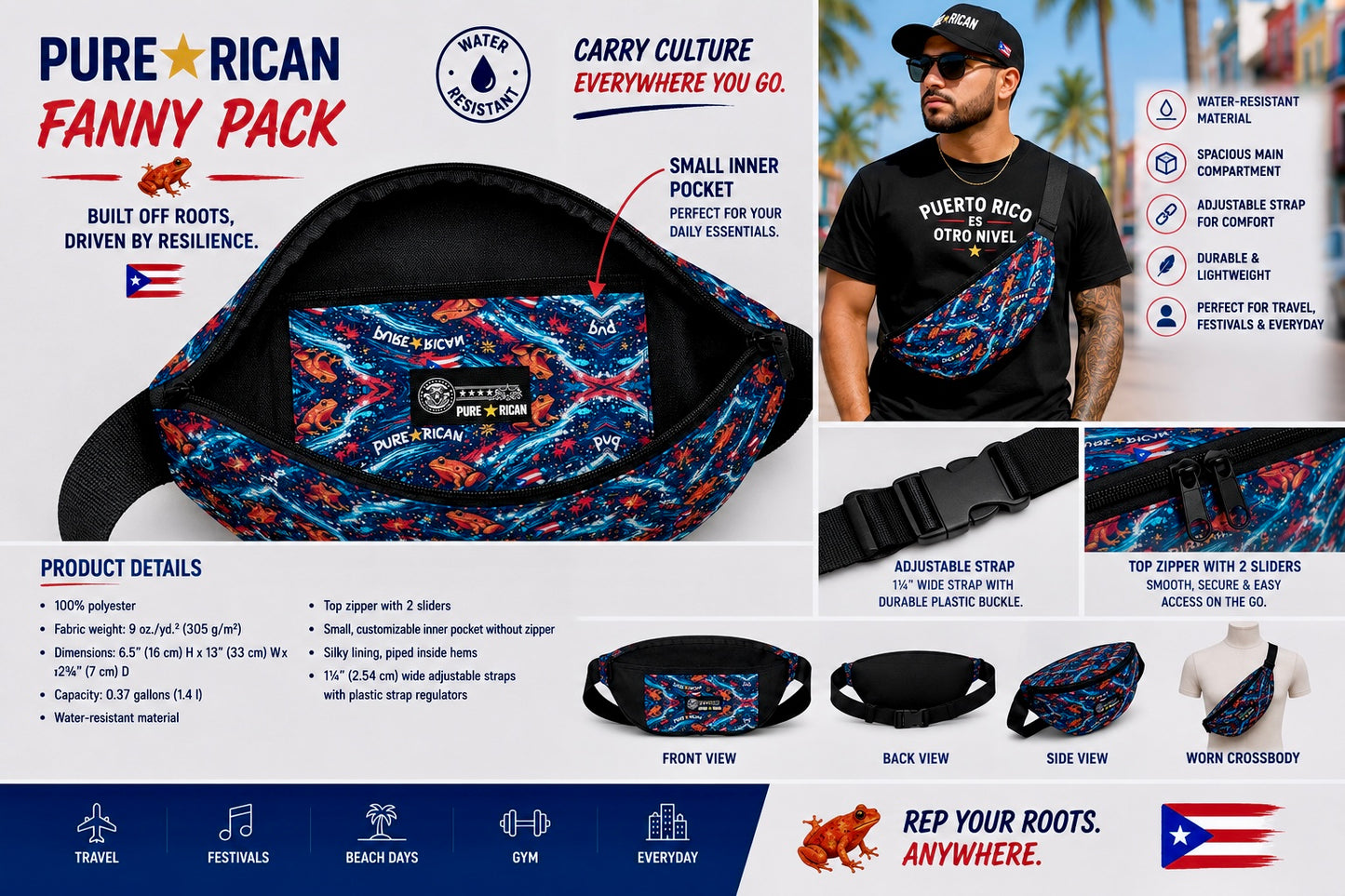 Pure⭐️Rican Sapo Wave Galaxy Fanny Pack close-up product feature image highlighting small customizable inner pocket, top zipper with sliders, adjustable strap, tropical frog galaxy print, and Puerto Rican-inspired lifestyle details.