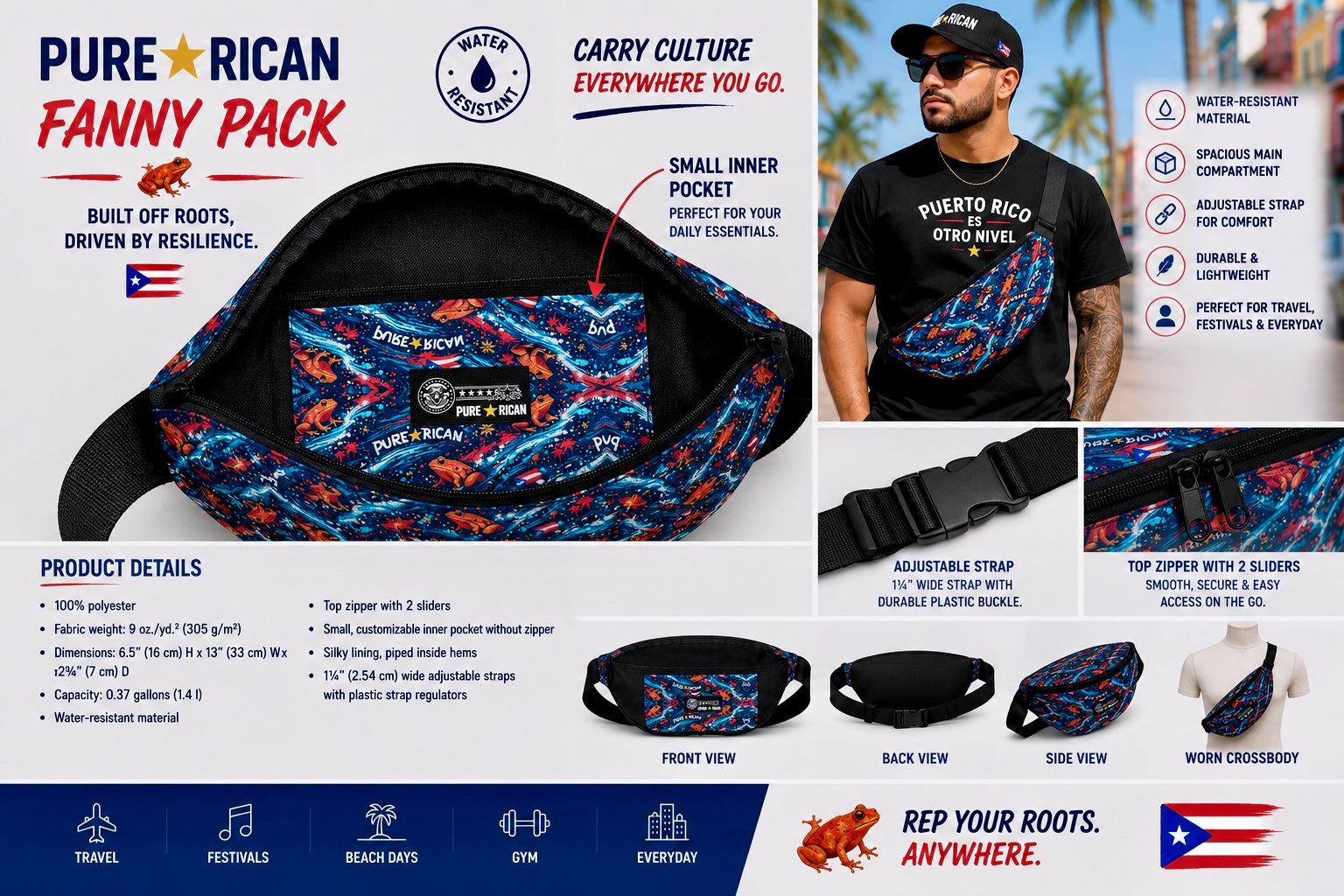 Pure⭐️Rican Sapo Wave Galaxy Fanny Pack close-up product feature image highlighting small customizable inner pocket, top zipper with sliders, adjustable strap, tropical frog galaxy print, and Puerto Rican-inspired lifestyle details.