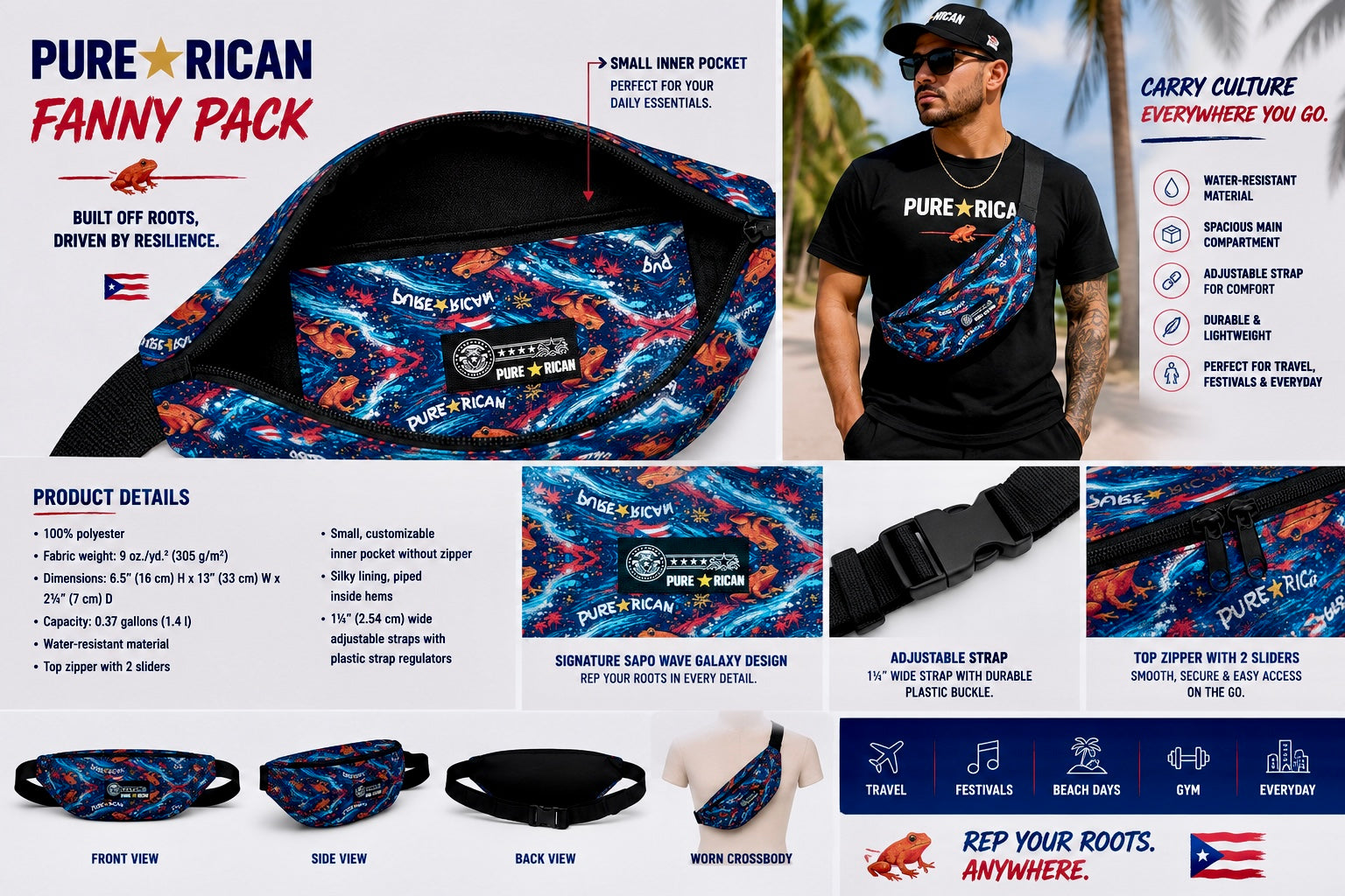 Pure⭐️Rican Sapo Wave Galaxy Fanny Pack featuring lifestyle model wearing Puerto Rican-inspired crossbody waist bag with tropical frog pattern, adjustable strap, spacious compartment, inner pocket, and detailed product features.