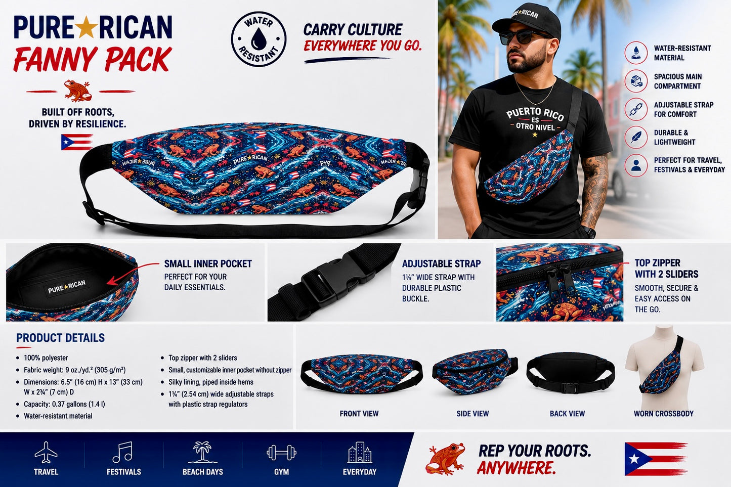 Pure⭐️Rican Sapo Wave Galaxy Fanny Pack premium feature display showing inner pocket, adjustable strap buckle, zipper detail, front and back views, crossbody fit, and travel-friendly Puerto Rican-inspired waist bag design.