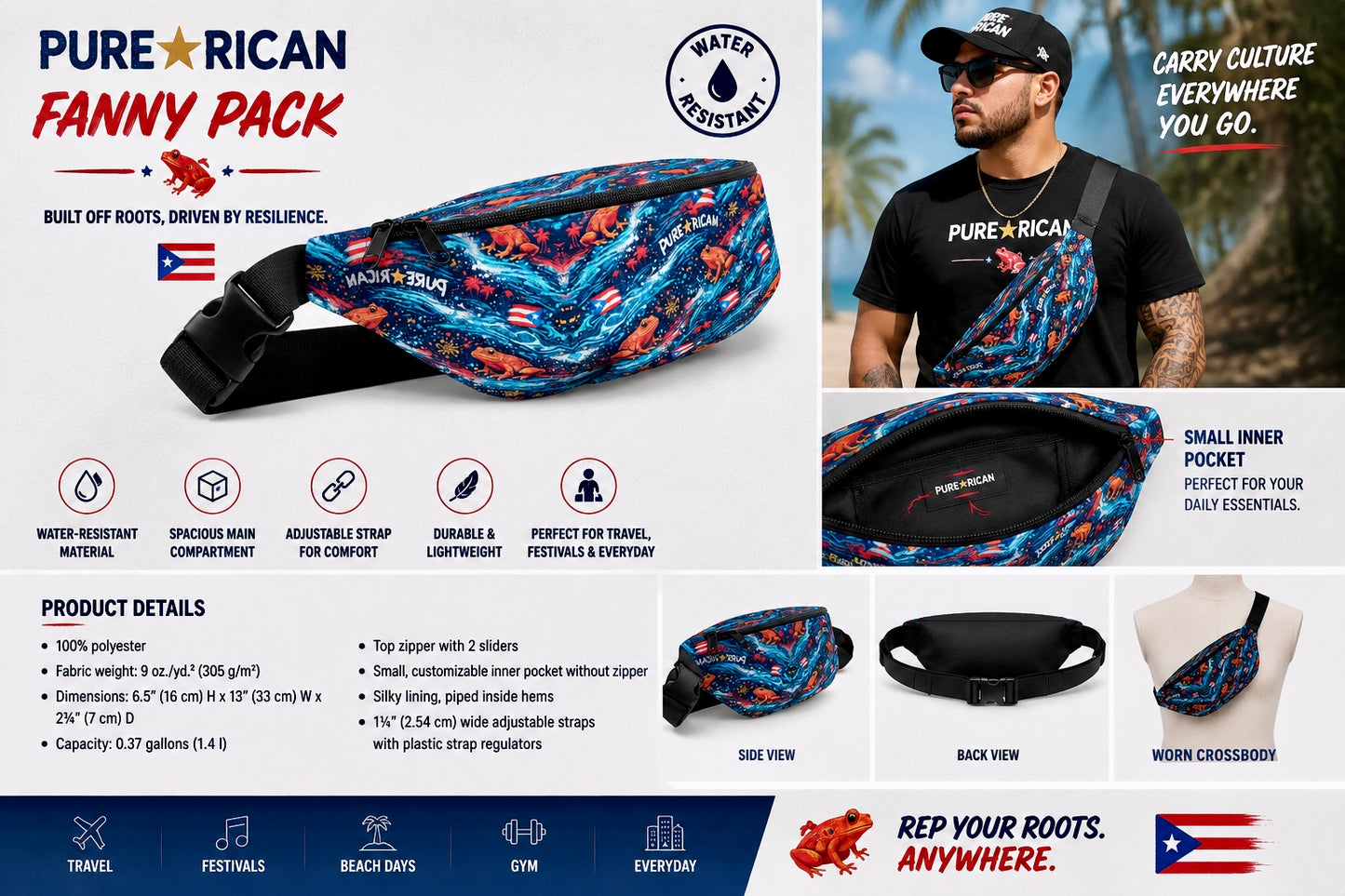 Pure⭐️Rican Sapo Wave Galaxy Fanny Pack product overview featuring Puerto Rican-inspired tropical frog pattern, lifestyle model wearing crossbody fanny pack, water-resistant material, inner pocket, adjustable strap, product details, and multi-angle views.