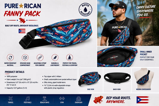 Pure⭐️Rican Sapo Wave Galaxy Fanny Pack product overview featuring Puerto Rican-inspired tropical frog pattern, lifestyle model wearing crossbody fanny pack, water-resistant material, inner pocket, adjustable strap, product details, and multi-angle views.