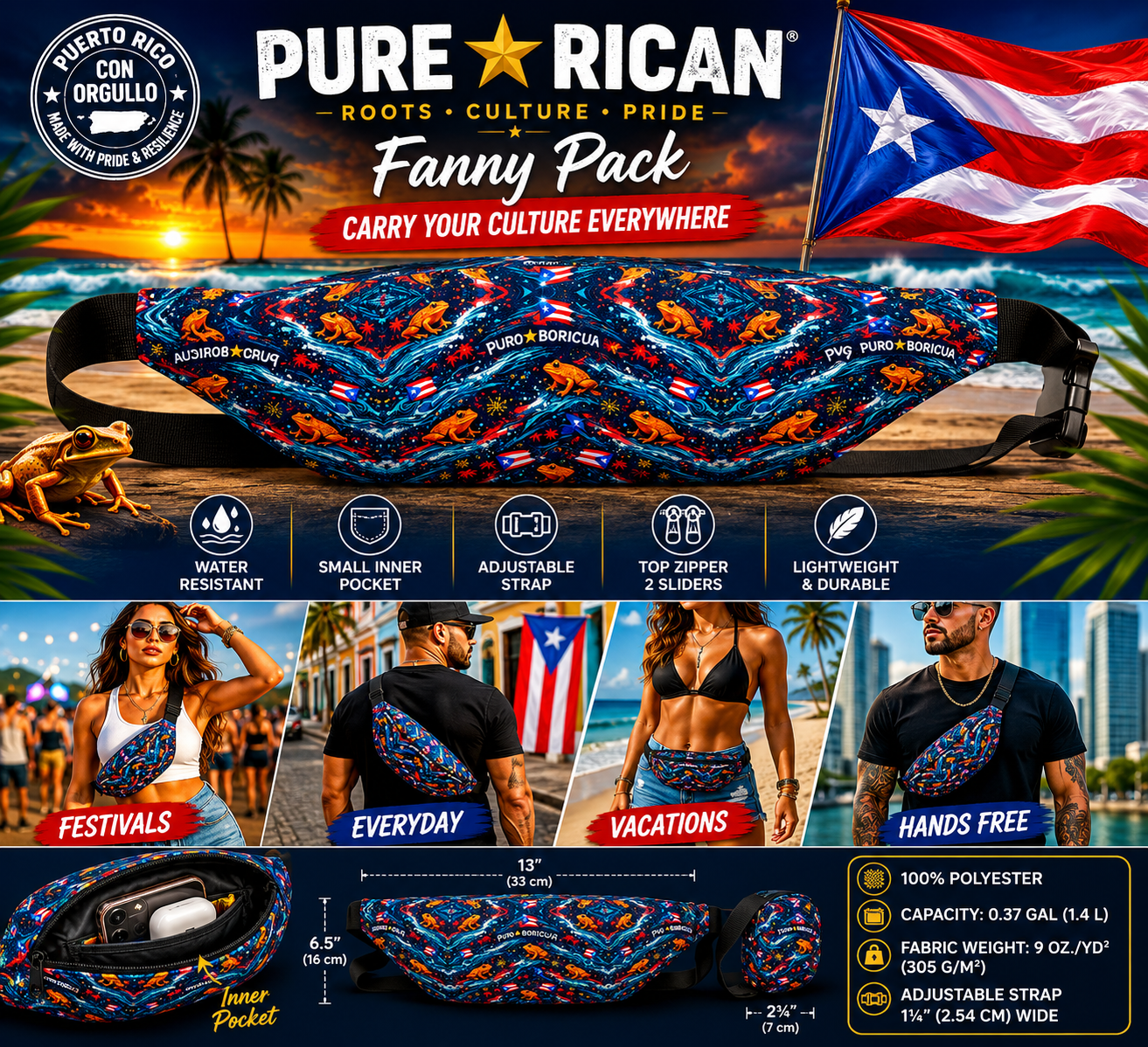 Promotional product feature image of the Pure⭐️Rican Sapo Wave Galaxy Fanny Pack featuring Puerto Rican flag details, Sapo Concho frog artwork, water-resistant material, inner pocket, adjustable strap, dual zipper sliders, lightweight construction, sizing dimensions, and lifestyle wear examples for festivals, travel, vacations, and everyday use.