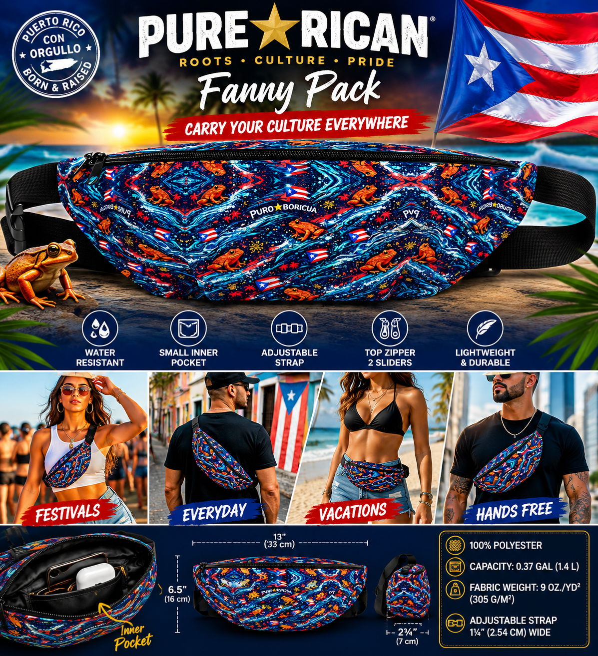 Pure⭐️Rican Sapo Wave Galaxy Fanny Pack featuring Puerto Rican flag details, Sapo Concho frog pattern, adjustable strap, inner pocket, and water-resistant material for festivals, travel, and everyday use.