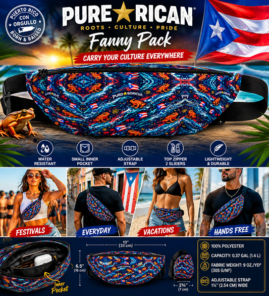 Pure⭐️Rican Sapo Wave Galaxy Fanny Pack featuring Puerto Rican flag details, Sapo Concho frog pattern, adjustable strap, inner pocket, and water-resistant material for festivals, travel, and everyday use.