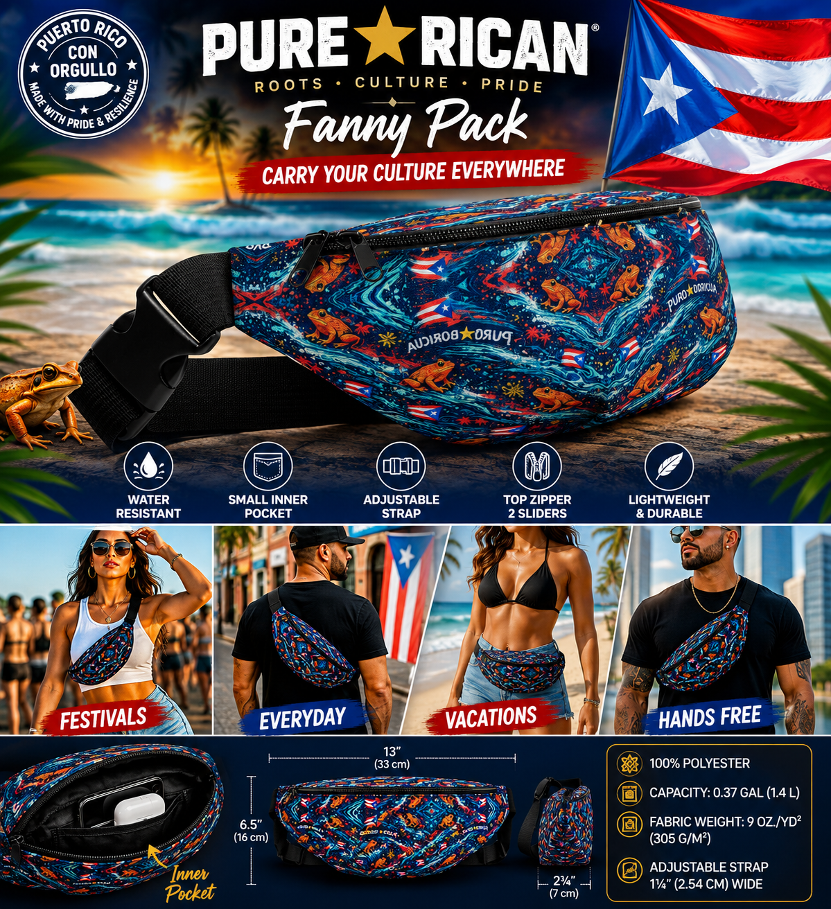 Angled view of the Pure⭐️Rican Sapo Wave Galaxy Fanny Pack showcasing tropical Sapo Concho frog artwork, Puerto Rican flags, adjustable strap, and durable lightweight design.