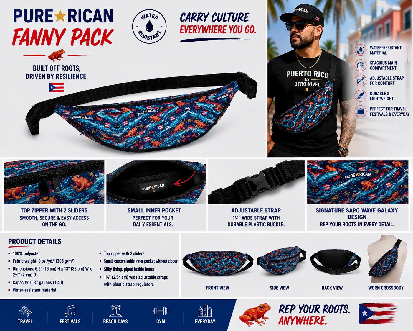 Pure⭐️Rican Sapo Wave Galaxy Fanny Pack featuring close-up details of zipper sliders, inner pocket, adjustable strap, tropical Sapo Wave galaxy pattern, lifestyle model wear, and Puerto Rican-inspired travel accessory design.