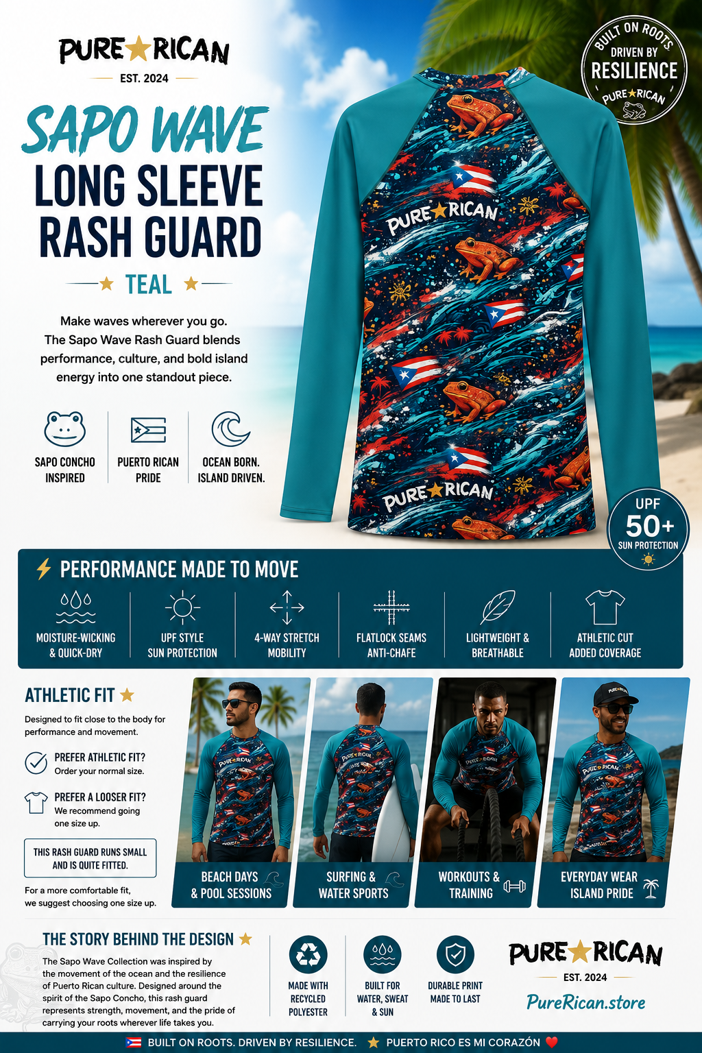 Back flat lay image of the Pure⭐️Rican Sapo Wave Long Sleeve Rash Guard – Teal showcasing full rear Sapo Wave artwork, Sapo Concho-inspired frog graphics, Puerto Rican flag details, ocean textures, and bold teal sleeves in a premium athletic rash guard design.