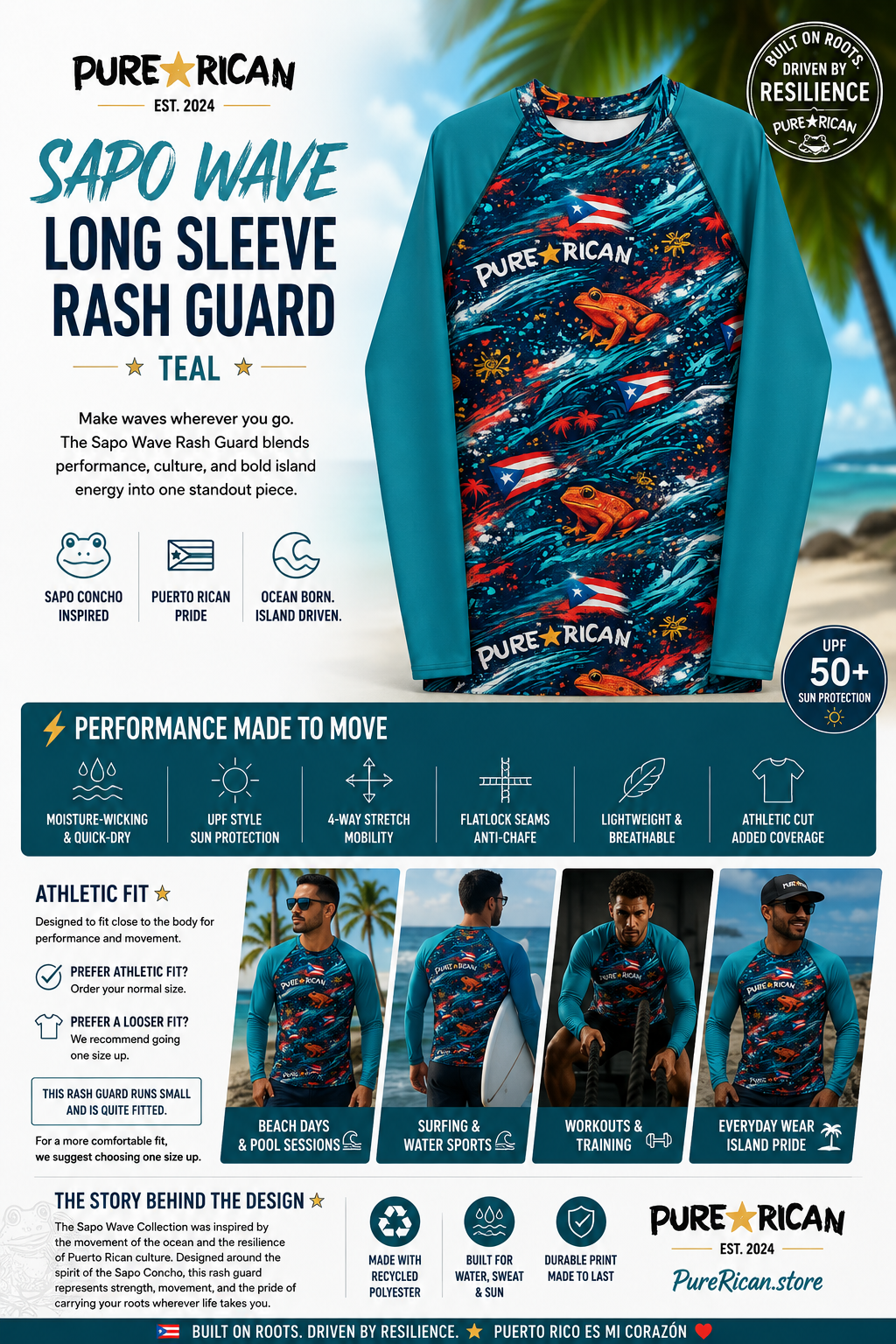 Front flat lay image of the Pure⭐️Rican Sapo Wave Long Sleeve Rash Guard – Teal featuring signature Sapo Wave artwork, Sapo Concho-inspired frog graphics, Puerto Rican flag details, ocean wave textures, and teal sleeves with a premium athletic fit.