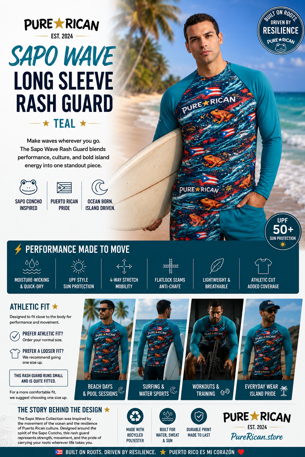 Lifestyle image of a male model wearing the front view of the Pure⭐️Rican Sapo Wave Long Sleeve Rash Guard – Teal on a tropical beach. Features signature Puerto Rican-inspired Sapo Wave artwork, teal sleeves, Sapo Concho-inspired frog graphics, and athletic beach performance styling.