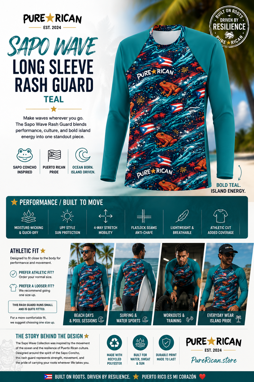 Male model wearing the Pure⭐️Rican Sapo Wave Long Sleeve Rash Guard – Teal while holding a surfboard on a tropical beach. Features signature Sapo Wave artwork with Sapo Concho-inspired frog graphics, Puerto Rican flags, flowing ocean textures, and bold teal sleeves for an athletic beach lifestyle look.