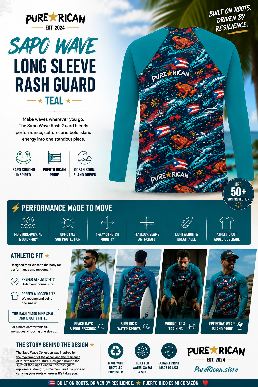 Premium complementary Shopify product image of the Pure⭐️Rican Sapo Wave Long Sleeve Rash Guard – Teal featuring performance callouts including moisture-wicking fabric, UPF sun protection, 4-way stretch, breathable material, athletic fit, and Puerto Rican-inspired Sapo Wave artwork.