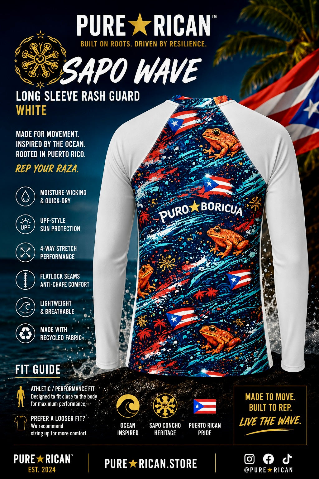 Alternative back view of the Pure⭐️Rican Sapo Wave Long Sleeve Rash Guard – White showcasing premium Sapo Wave artwork, Puerto Rican flag accents, ocean movement textures, Sapo Concho frog graphics, and white athletic sleeves designed for movement and performance.
