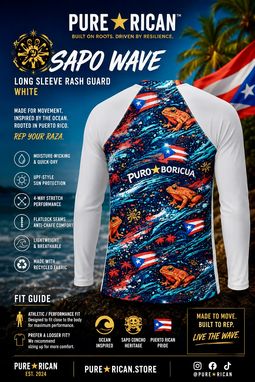 Back view of the Pure⭐️Rican Sapo Wave Long Sleeve Rash Guard – White featuring vibrant Sapo Wave artwork, Sapo Concho frog graphics, Puerto Rican flag details, ocean-inspired textures, white sleeves, and premium athletic performance rash guard styling.