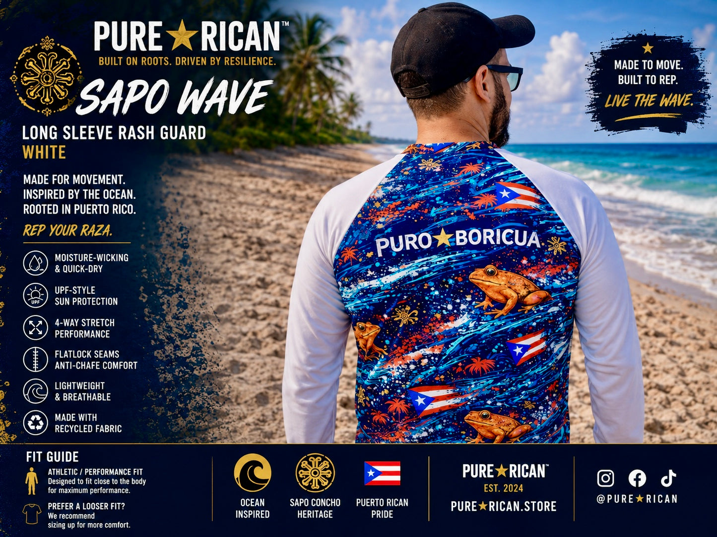 Lifestyle beach back view of a model wearing the Pure⭐️Rican Sapo Wave Long Sleeve Rash Guard – White featuring Puerto Rican-inspired Sapo Wave artwork, Sapo Concho frog graphics, ocean textures, and athletic beachwear performance styling on the beach.