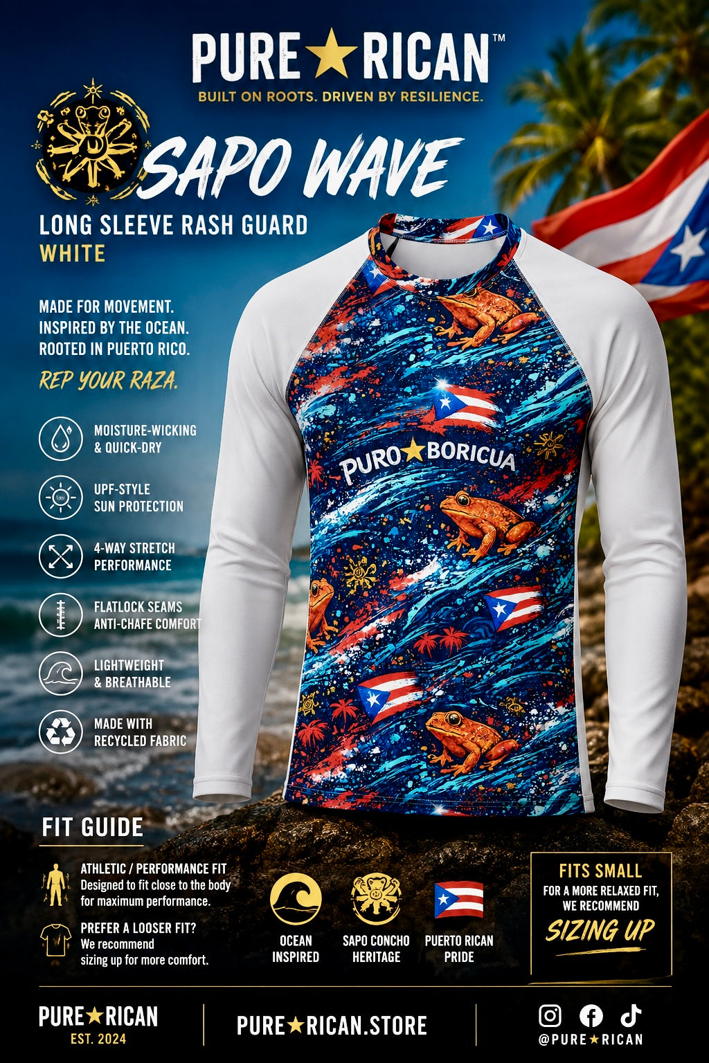 Front folded sleeve view of the Pure⭐️Rican Sapo Wave Long Sleeve Rash Guard – White featuring folded sleeves, bold Puerto Rican-inspired Sapo Wave artwork, Sapo Concho frog graphics, ocean textures, white sleeve contrast, and athletic performance fit.