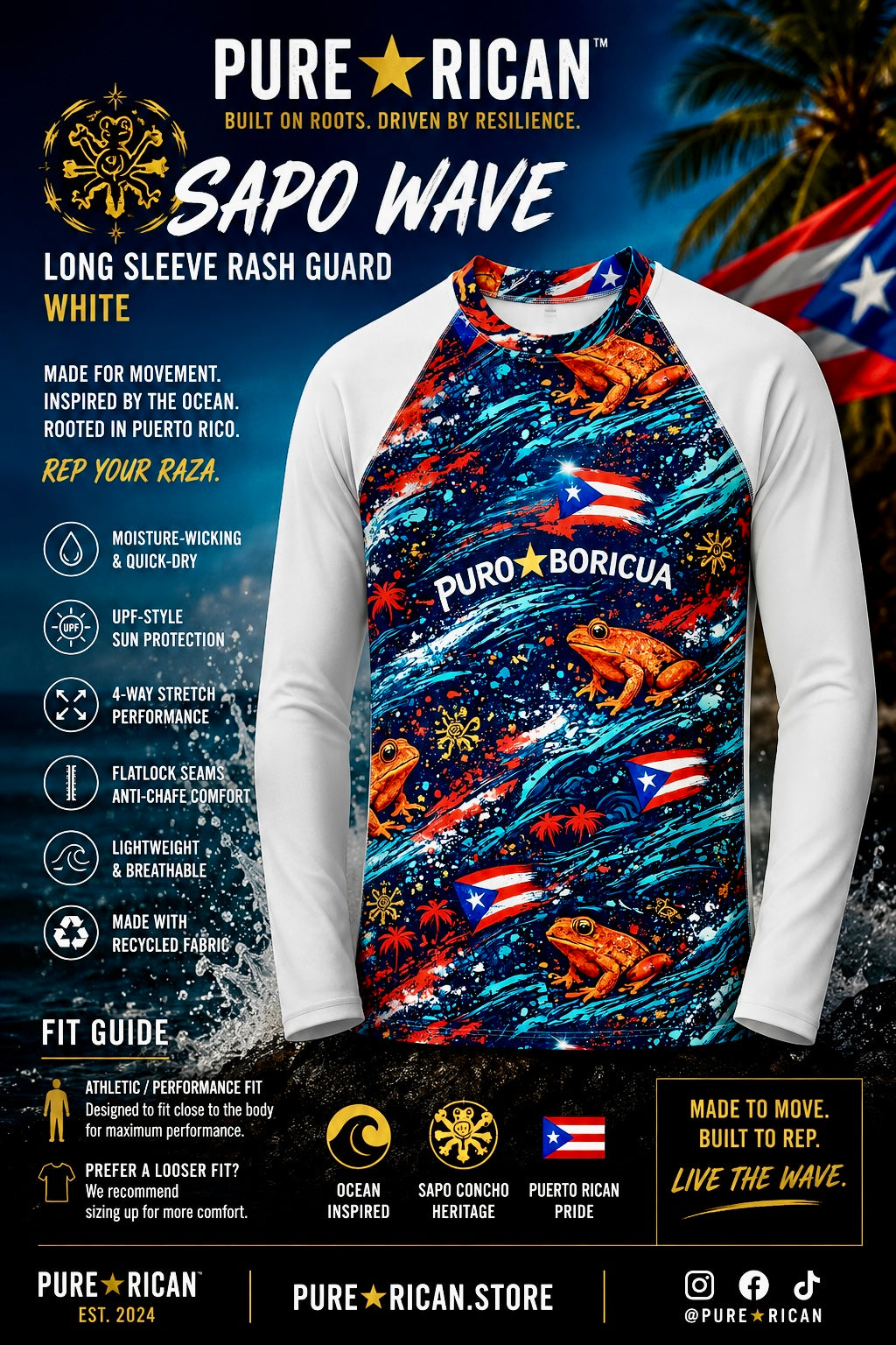 Front view of the Pure⭐️Rican Sapo Wave Long Sleeve Rash Guard – White featuring Sapo Concho frog artwork, Puerto Rican flag elements, ocean wave textures, white sleeves, moisture-wicking fabric, athletic performance fit, and Puerto Rican-inspired premium rash guard design.