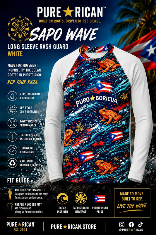 Front view of the Pure⭐️Rican Sapo Wave Long Sleeve Rash Guard – White featuring Sapo Concho frog artwork, Puerto Rican flag elements, ocean wave textures, white sleeves, moisture-wicking fabric, athletic performance fit, and Puerto Rican-inspired premium rash guard design.
