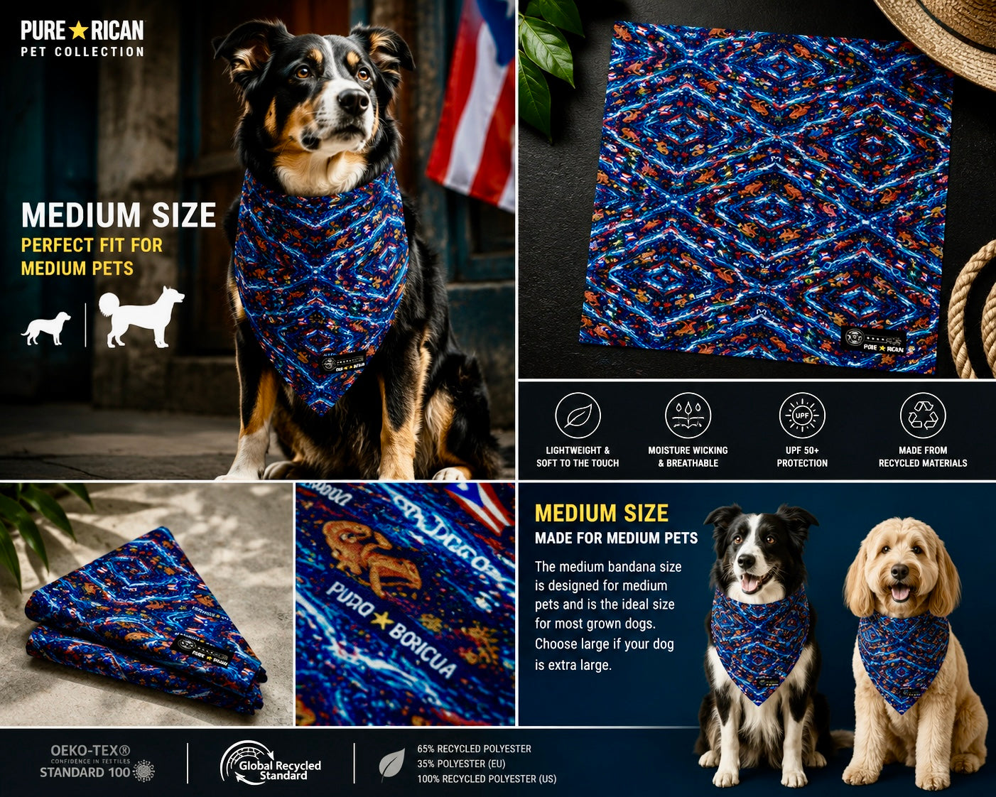 Medium Pure⭐️Rican Sapo Wave all-over print bandana designed for medium pets, featuring a premium dog lifestyle image, folded product display, fabric close-up, moisture-wicking breathable material details, and Puerto Rican-inspired design.