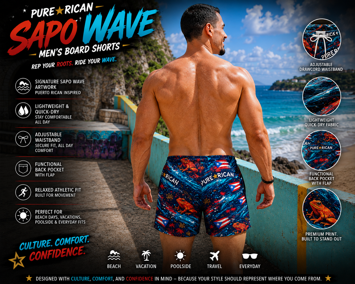 Back view of male model wearing Pure⭐️Rican Sapo Wave Men’s Board Shorts at a tropical beach setting, highlighting vibrant Puerto Rican flag graphics, flowing ocean wave artwork, relaxed athletic fit, rear pocket detail, and premium beachwear style.
