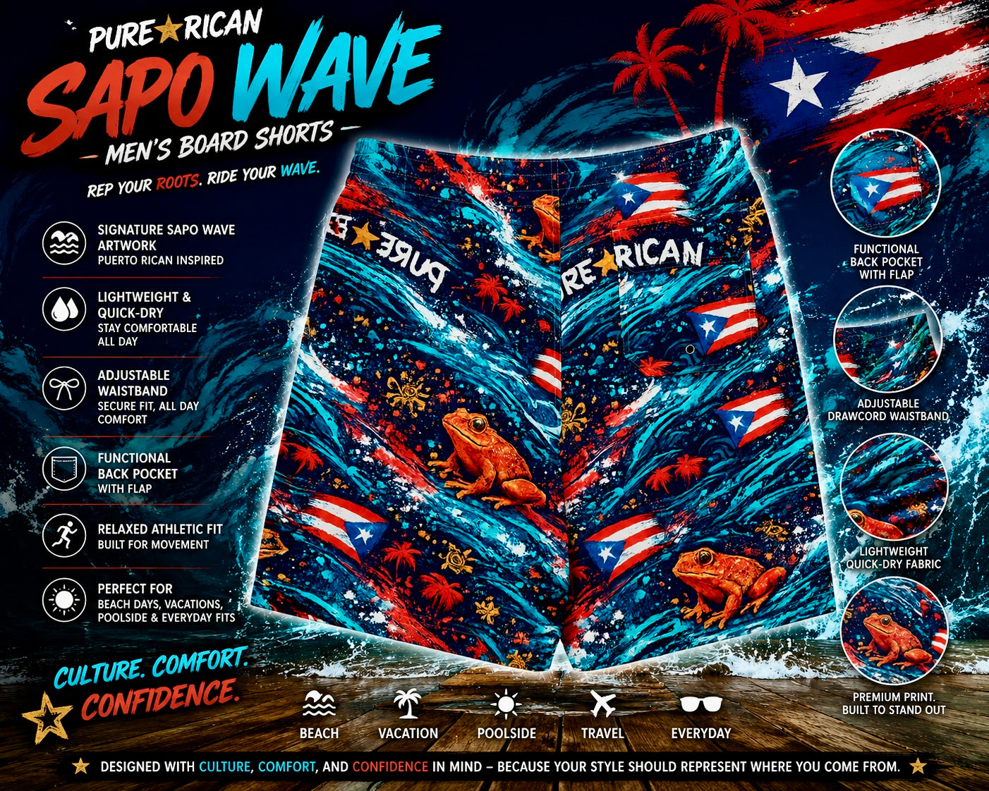 Back view of Pure⭐️Rican Sapo Wave Men’s Board Shorts featuring vibrant Sapo-inspired artwork, Puerto Rican flags, flowing ocean wave graphics, functional rear pocket with flap, lightweight quick-dry material, and premium tropical feature display.