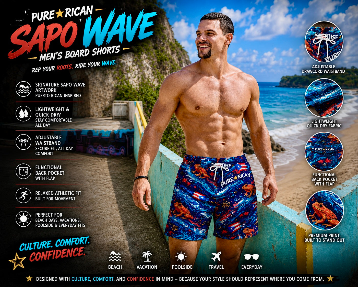 Male model wearing Pure⭐️Rican Sapo Wave Men’s Board Shorts front view at a tropical beach location, showcasing Puerto Rican-inspired Sapo artwork, ocean textures, adjustable drawcord waistband, relaxed athletic fit, and premium island lifestyle fashion.