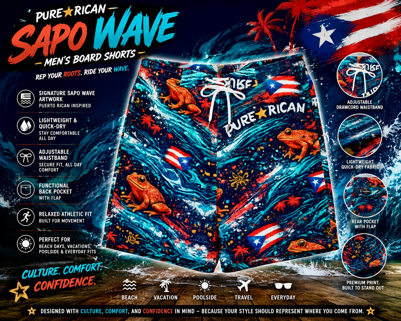 Front view of Pure⭐️Rican Sapo Wave Men’s Board Shorts featuring bold Puerto Rican-inspired artwork with Sapo Concho frog graphics, flowing ocean textures, Puerto Rican flags, adjustable drawcord waistband, quick-dry fabric, and premium tropical beach-themed product feature design.